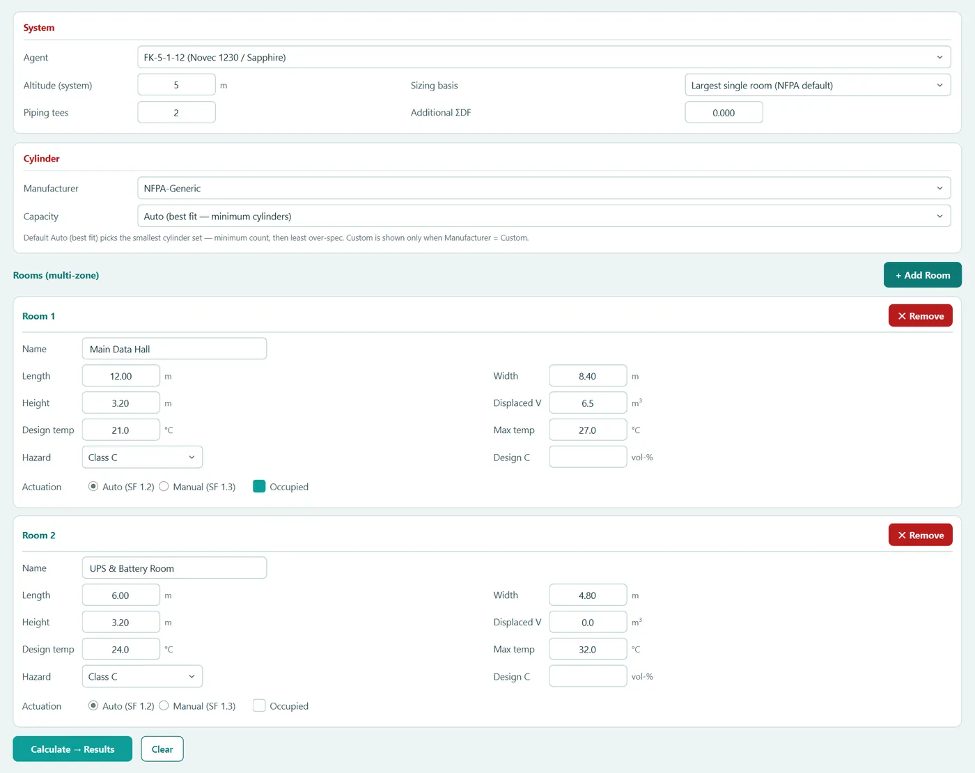 Clean Agent Calculator — protected rooms