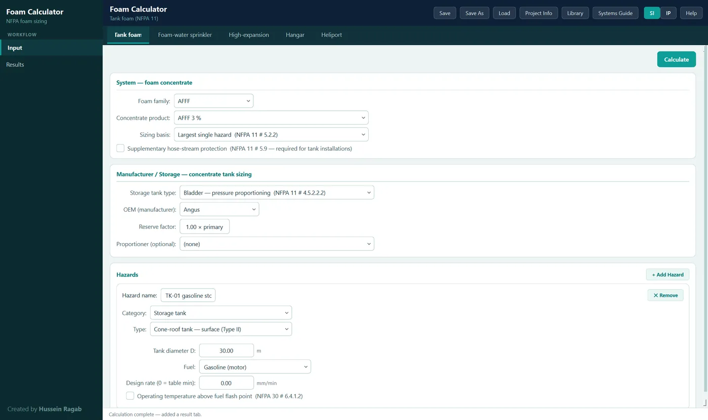 Foam Calculator — hazard inputs