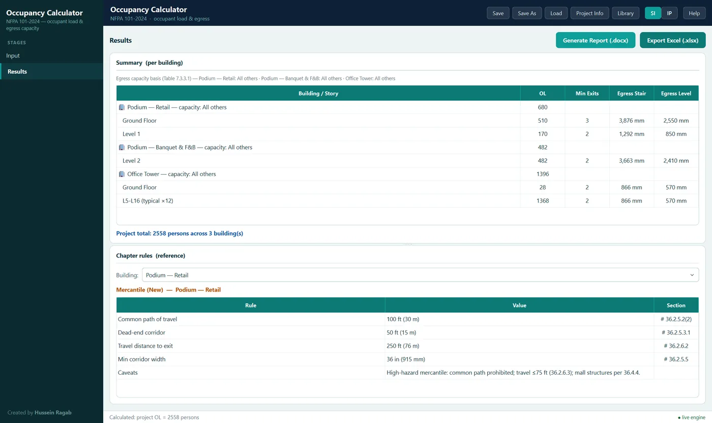 Occupancy Calculator — egress results