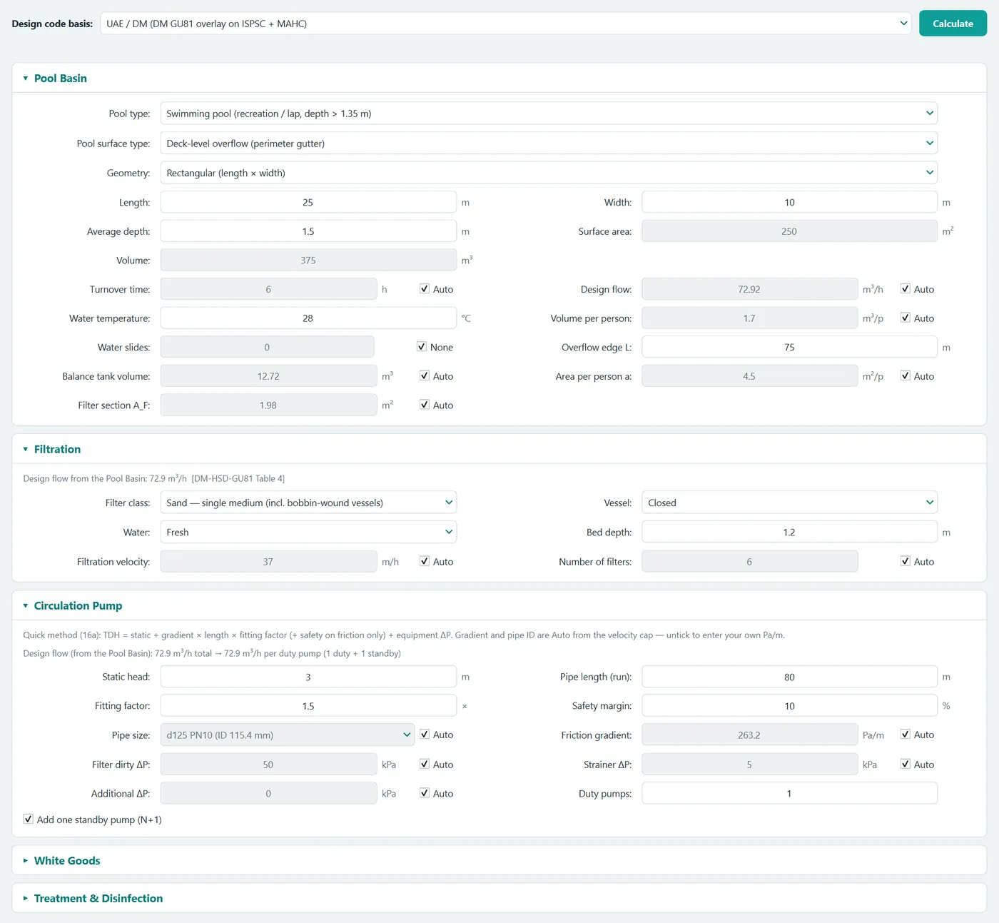Pool Equipment Sizing — design inputs