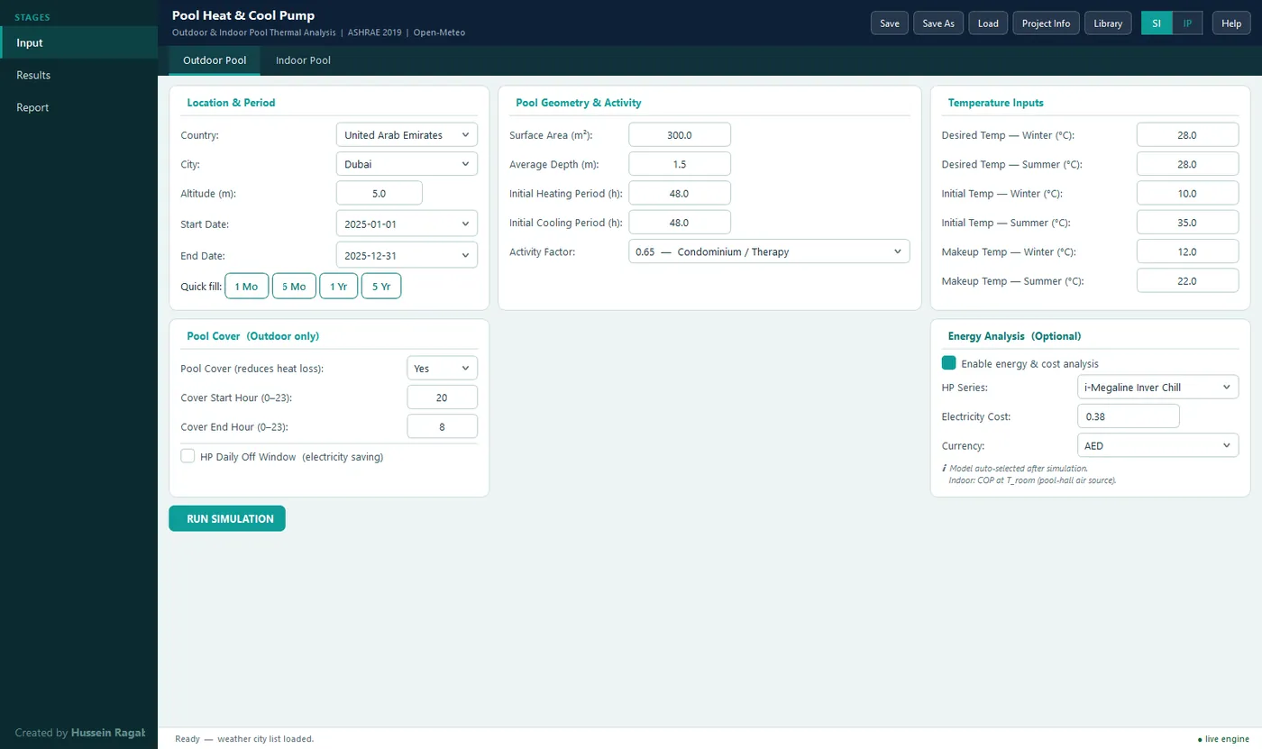 Swimming Pool Load Simulator — inputs